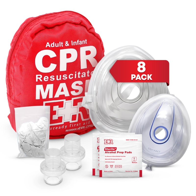 Adult and Infant CPR Mask Combo Kit 8Pack 16 Valves 8 Gloves 16 Alcohol Pads Emergency Resuscitation Kit for First Responders